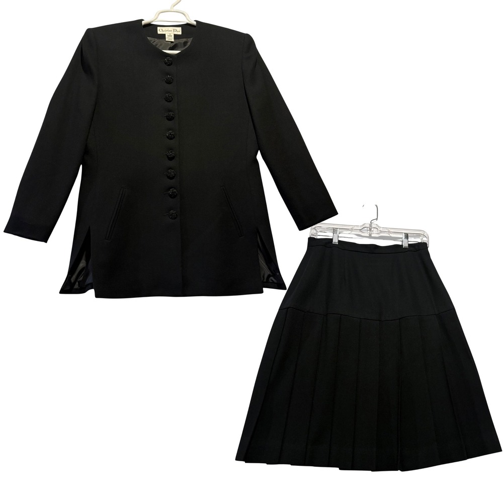 VTG Christian Dior Black‎ Worsted Wool Pleated 2pc Skirt Suit Set Women's 10 USA